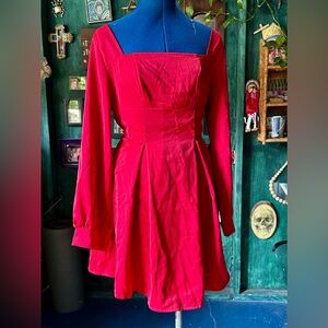 Square Neck, Pleated Shift Dress in Red, Long Sleeve